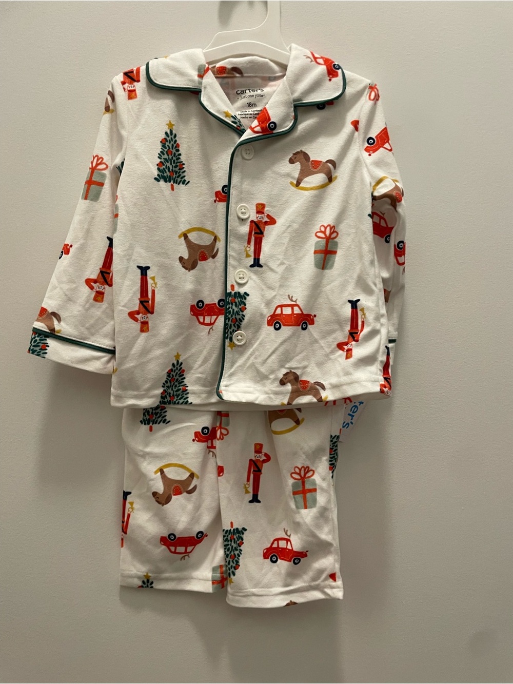Carters Toddler Boys 2pc Christmas Toys Coat Long Sleeve Pajama Set Ivory 18M